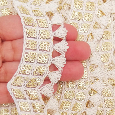 Nine Yards Off White Scallop Lace Trim Embroidered with Gold Sequins, Cutwork Trim, Scallops Wedding Trim